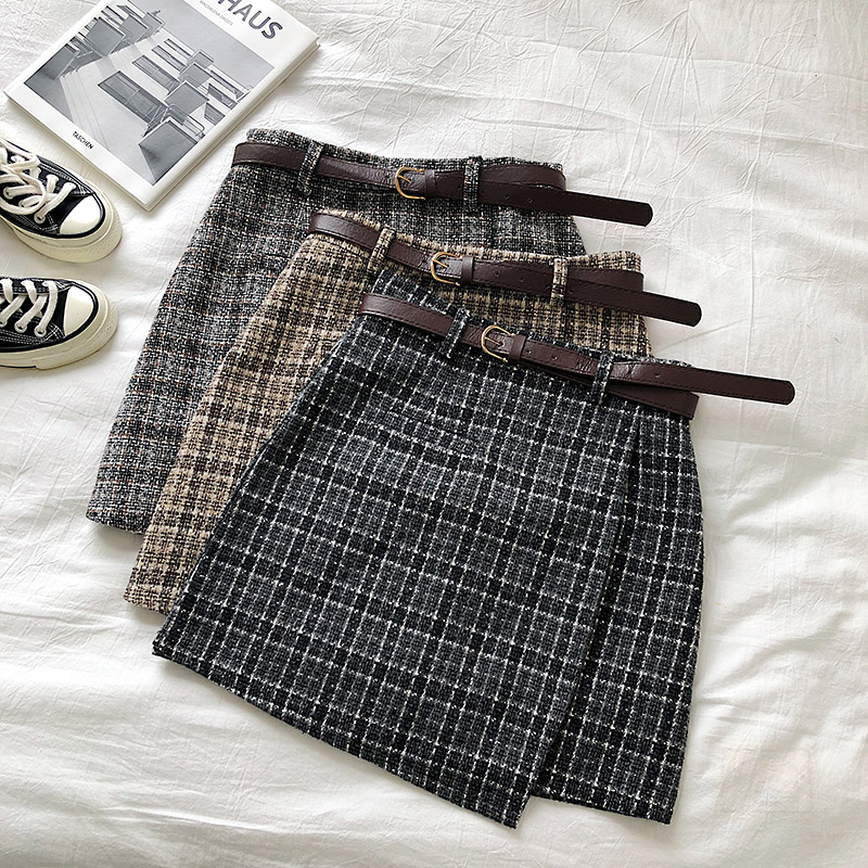 

Korean Irregular Skirt Office Lady Female Spring High Waist A-line Mini Skirt Vintage Casual Women Plaid Chic with Sashes, Black