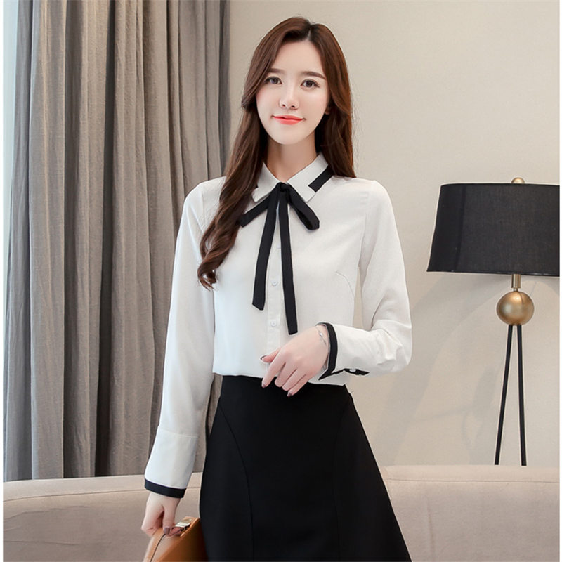 

Korea chic Chiffon Female Blouses Shirts Spring Office Shirts Blouse Bow Tie Career bottoming Tops Women Blusas Shirt, Blue