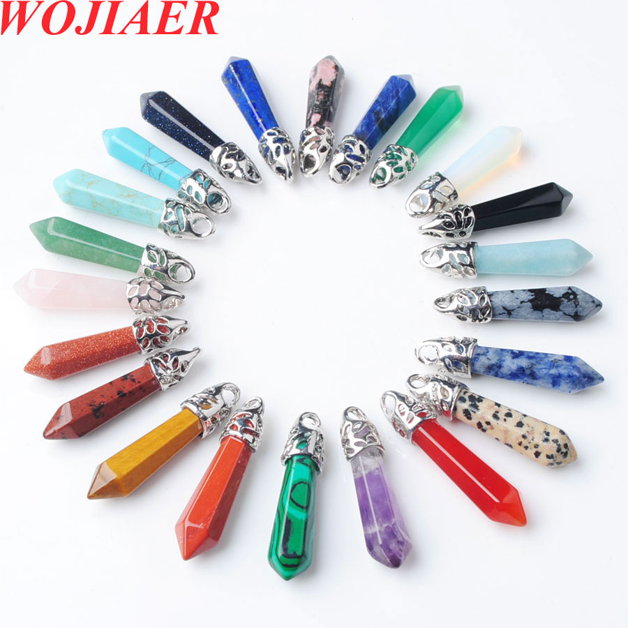 WOJIAER Natural Hexagonal Gem Stone Silver Plated Charms Pendant Findings For Jewelry Making Necklace Long Earrings DIY DBZ900