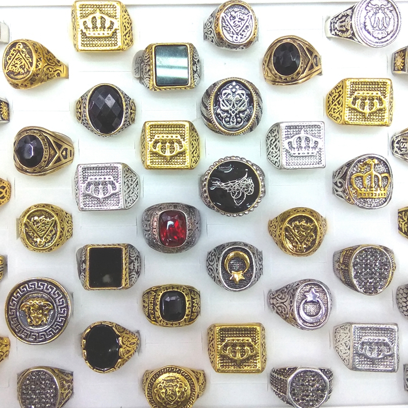 

50pcs/lot Men's Rings Gold Color Silver Color Square Round Shape Mixed Designs
