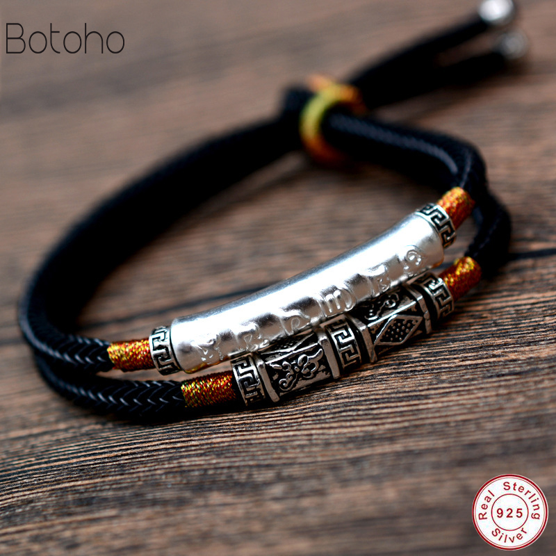 

2019 Handmade Braided Bracelet For Men 925 Sterling Silver Om Mani Padme Hum Engraved Bend Charm Double Layers Lucky Rope Chain