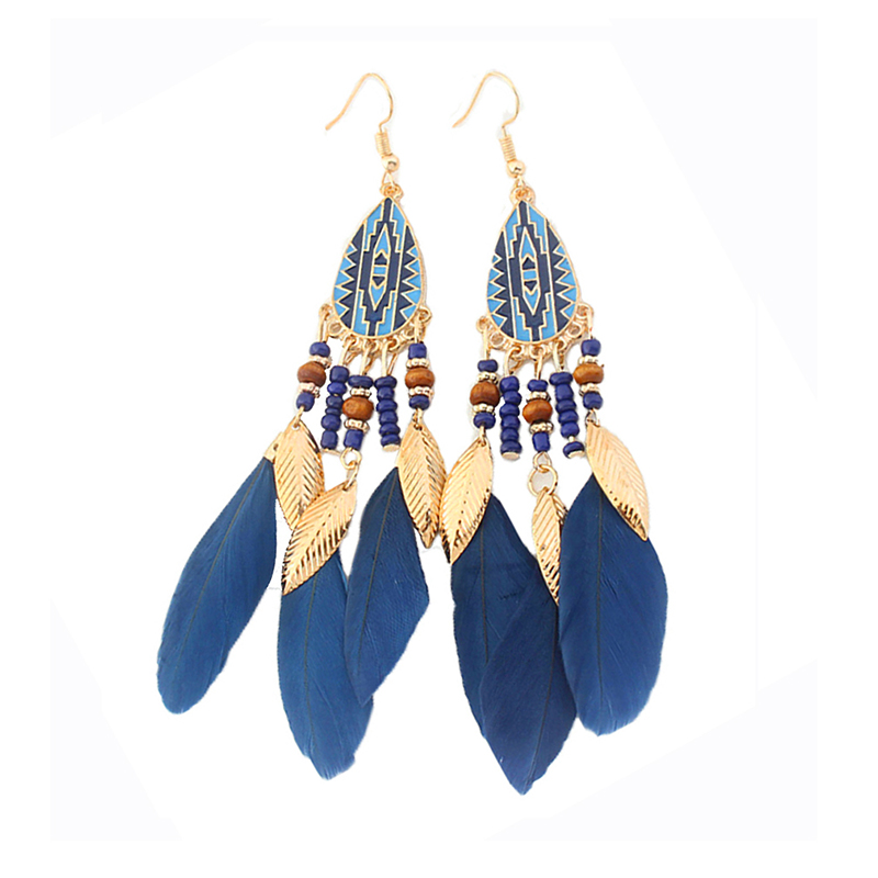 

Dangle & Chandelier Boho Ethnic Long Feather Tassel Earrings For Women Vintage Colorful Leaf Drop Brincos Bride