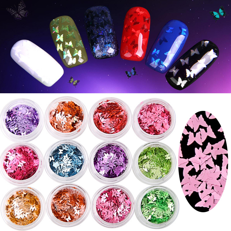 

12Pots/Set Butterfly Flakes Shiny Nail Art Decorations Sticker 3d Laser FlashSequins DIY Nail Art Decorations