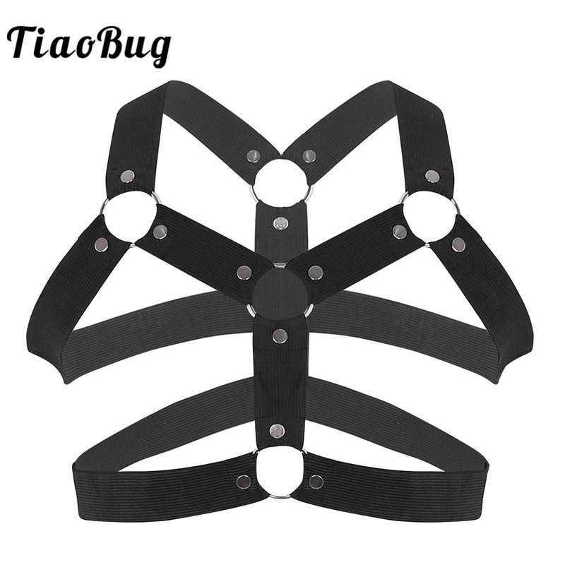 

TiaoBug Men Elastic Chest Harness Belt Metal O-rings Studs Muscle Male BDSM Bondage Costume Sexy Gay Fancy Club Party Straps Top, Black