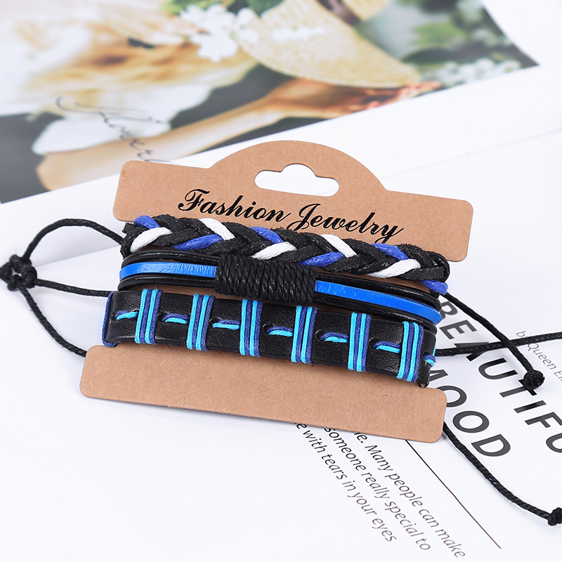 

New Style 3pcs/set Wrap Bracelets Men Charm Blue Leather Rope Brazalete Cuir Homme Handmade Adjustable Braslet Pulseras Joyas