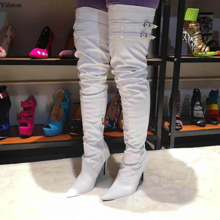 Rontic nouvelles femmes brillant sur le genou bottes talons aiguilles bottes bout pointu magnifiques chaussures blanches femmes Plus taille améri