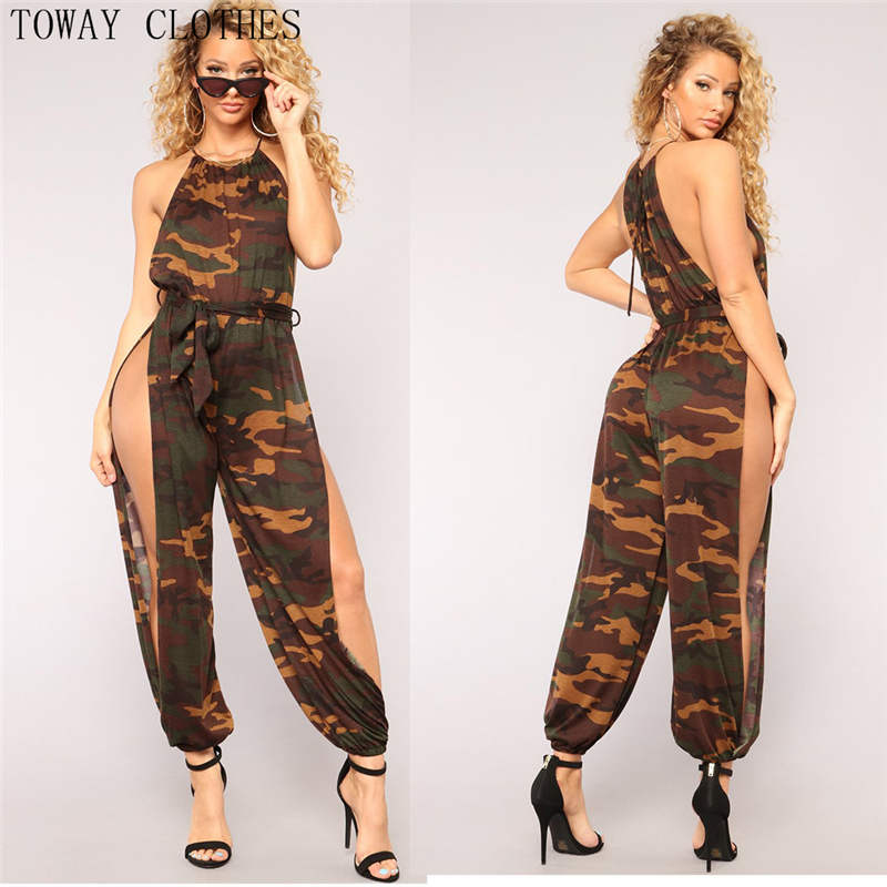 

Camouflage Sleeveless Ruched Slit Jumpsuit Sexy Jumpsuit for Women