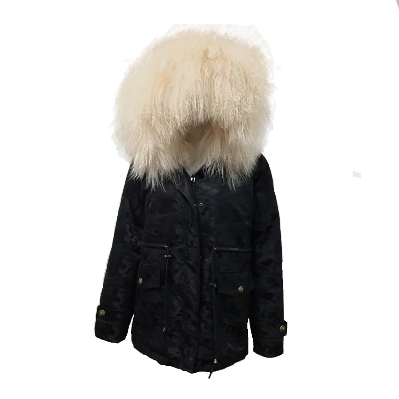 

Real Lamb Fur Collar For Mens Camouflage Parka 2019 New Arrival Top Quality Faux Fur Lining Waist Can Be Adjustable, Black