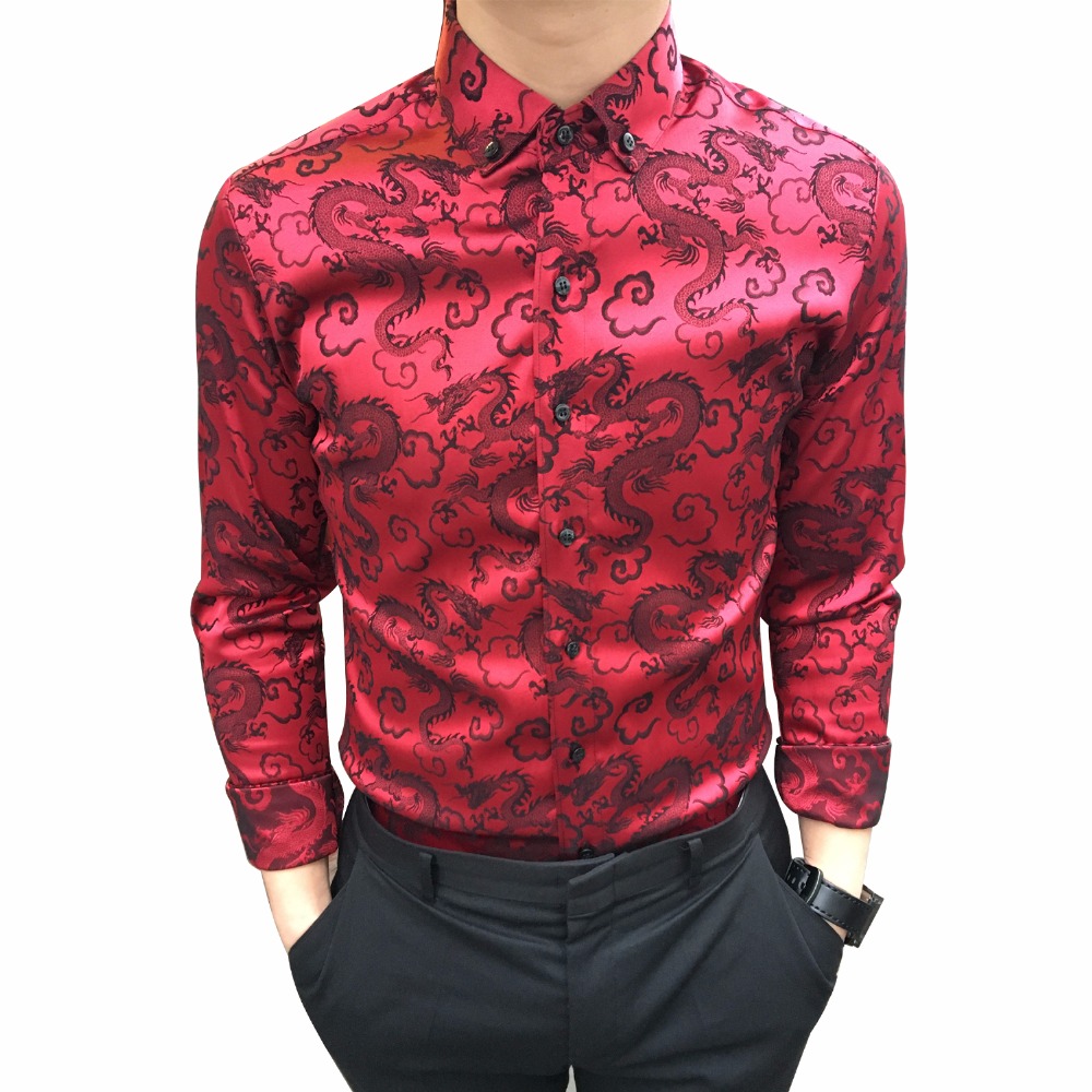 

Men's Dress Shirts 2021 Casual Print Men Red Dragon Embroidery Business Slim Fit Stage Shirt Prom Party Male Singer Wedding