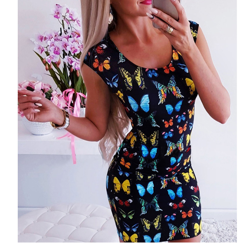 

Bonjean Women Casual Butterfly Animal Party Dresses Sexy Spring Maxi Cartoon Print Summer Boho Women Dress Words, Blue