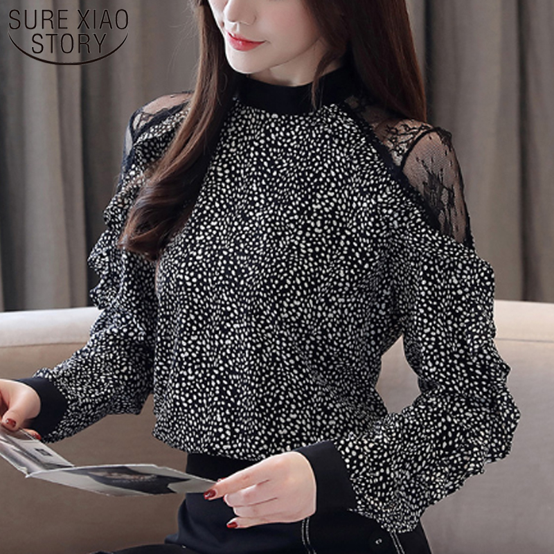 

Bow Polka Dot lantern Sleeve blusas mujer de moda 2019 womens tops blouses harajuku long sleeve shirts chiffon blouse 2416 50, Black