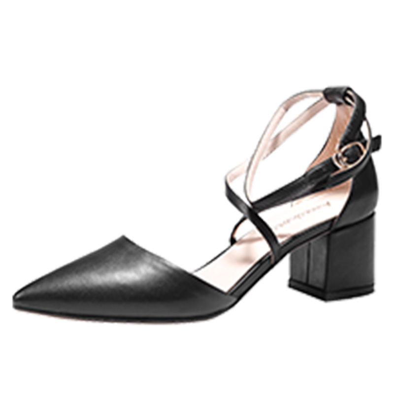 

2020 Spring Genuine Leather Sheepskin 5.5cm Square Heel Cross Strap Dress Black Woman High Heels Party Wedding Shoes A228