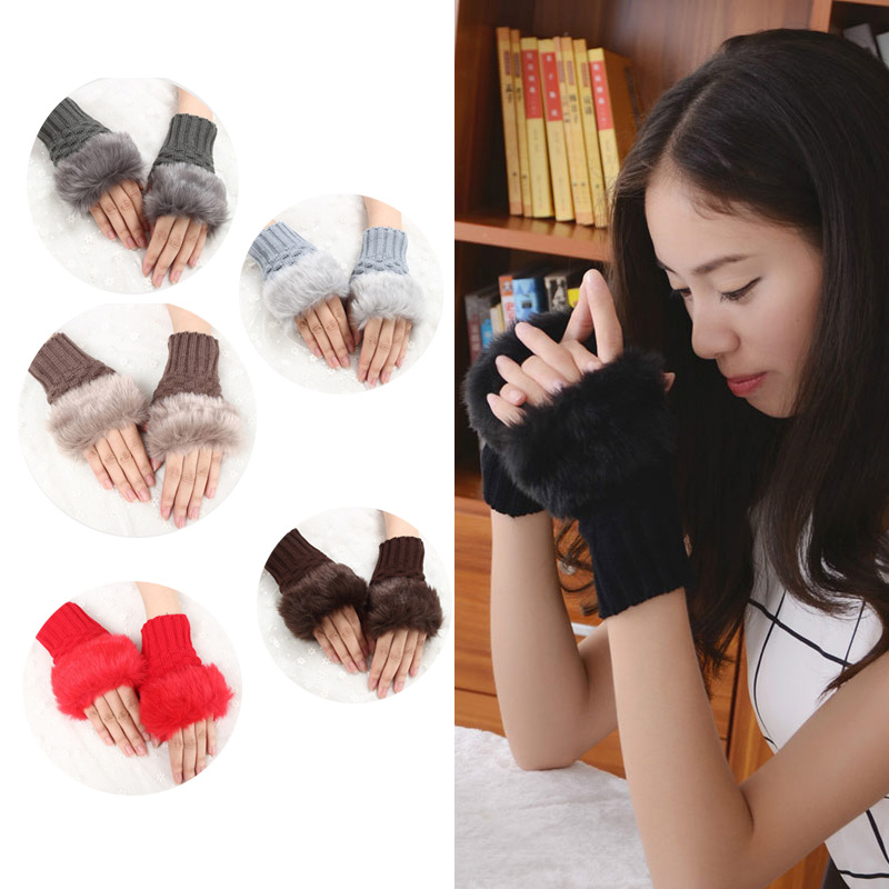 

Pretty Faux Hair Wrist Warmer Knitted Women Winter Fingerless Gloves FS99