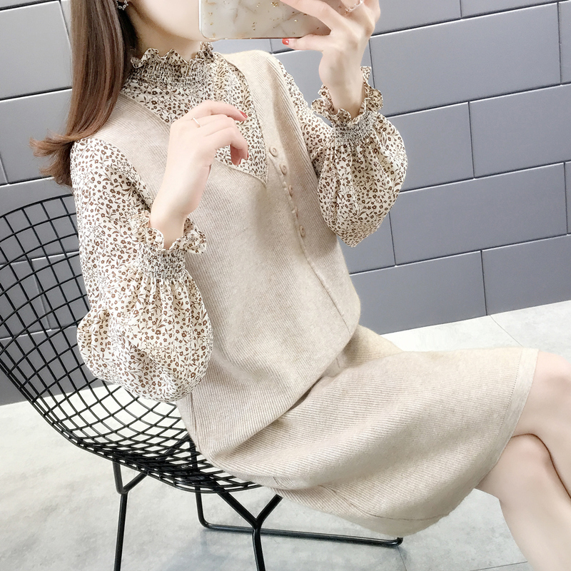 

5082h area 64] - real shot - spring floral shirt sleeve fake two piece set 63, See chart