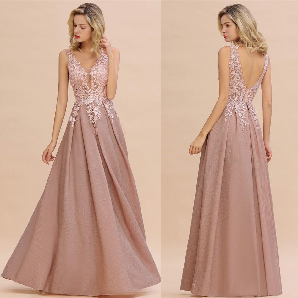 

Designed Dusty Pink Evening Dresses 2020 Sexy Hollow Backless V Neck Appliqued Prom Dress A Line Mother Bridesmaid Gowns CPS1343, Same as image