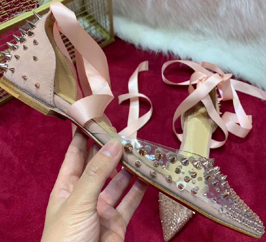 

High Quality Gorgeous Red sole Sandals Spikoo Flat PVC Pointed Toe Women Shoes Mix Spikes Leather Wedge Sandals Ankle Strap Gladiator Sandal