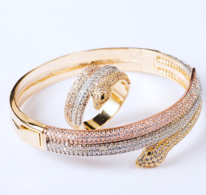 

New Fashion Brand Jewelry Sets Lady Brass Full Diamond Three Color 3 Circle Snake Serpenti 18K Gold Bracelets Rings Sets (1Sets)