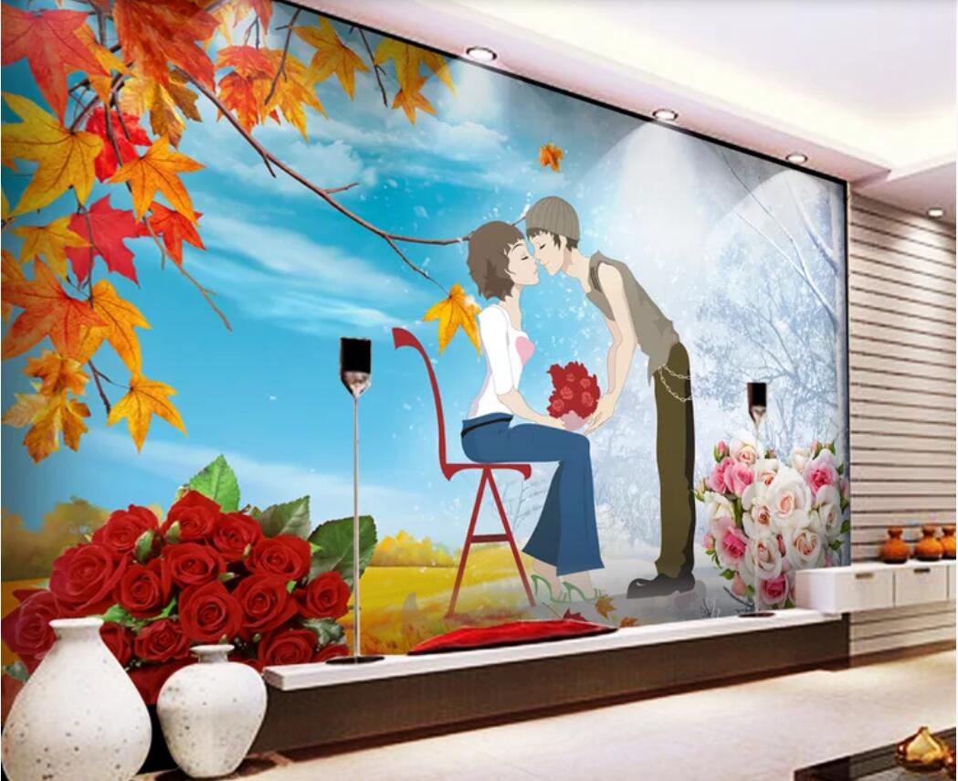 

3d room wallpaper custom photo mural Winter autumn hand drawn love characters TV background wall wallpaper for walls 3 d, Non-woven fabric