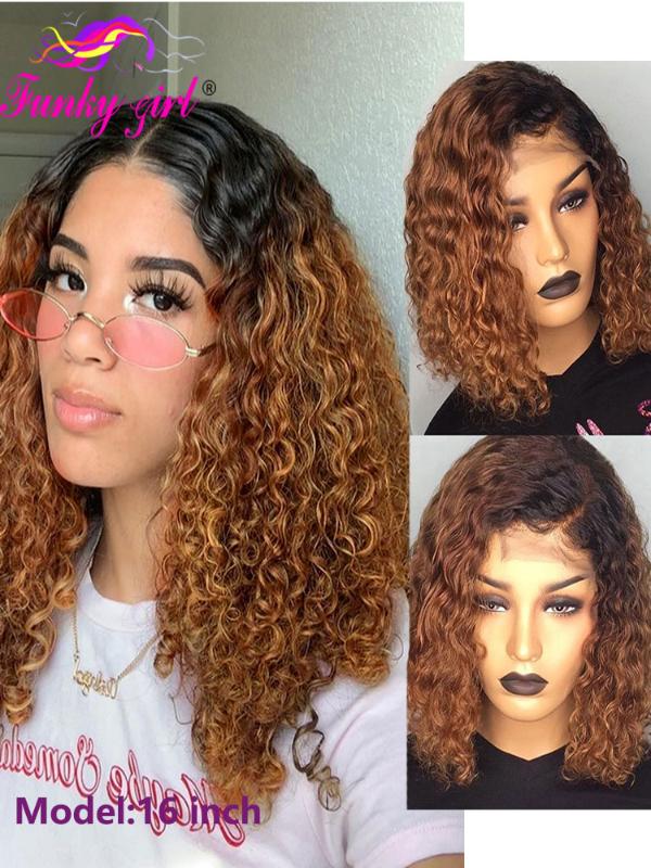 

1B/27 Ombre Color Short Curly Lace Front Wigs Pixie Cut Human Hair Wigs For Black Women Brazilian 13x4 Lace Bob Wig 150% Remy, T1/27