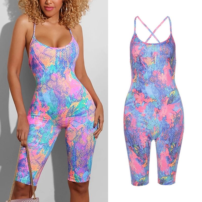 

Women Sexy Sleeveless Backless Jumpsuit Snakeskin Tie-Dye Biker Shorts Playsuit C90E, Green