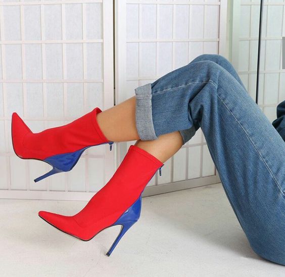

Woman Sock Boots 10cm Thin Heel High Heels Elastic Splice Ankle Boots Pointy Toe Shoes Designer brand Sexy Party Ladies Comfort Knight Boots, Red