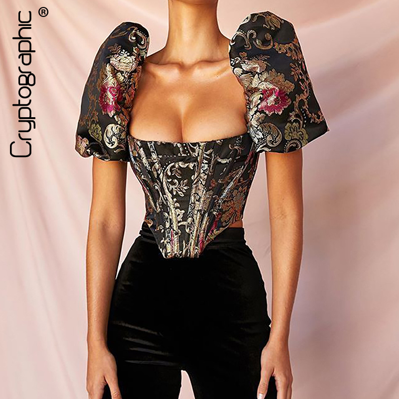 

Cryptographic Square Collar Jacquard Boned Bustier Crop Tops Shirt Puff Sleeve Sexy Backless Shirts Blouse Women Zipper Elegant, As seen