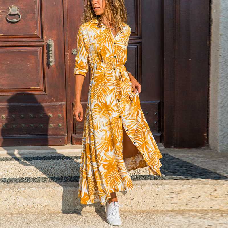 

Women Print Long Dress 2020 Autumn Spring Long Sleeve Buttons Split Dress Casual Turn-down Neck Ladies Sashes Shirt Dresses, Blue