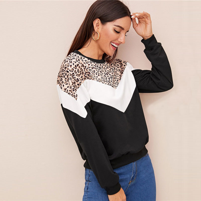 Romwe Womens Casual Cut and Sew Color Block Long Sleeve Round Neck Blouse Sweatshirt
