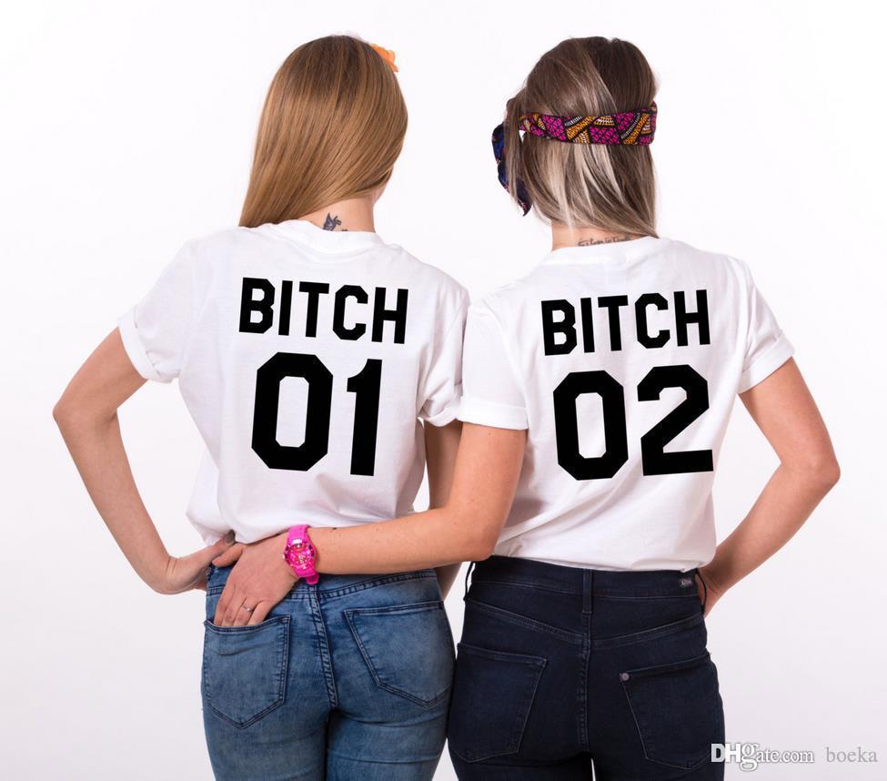 

Bitch 01 Bitch 02 Back Letters Print Women T shirt Cotton Casual Funny Shirt For Lady Top Tee Hipster, White