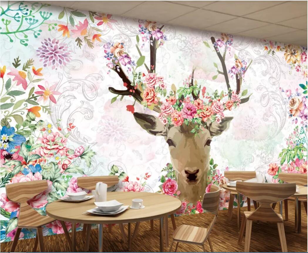 

3d wallpaper custom photo mural American pastoral elk watercolor floral background wall wall art canvas painting landscape wall tapestry 3d, Non-woven fabric