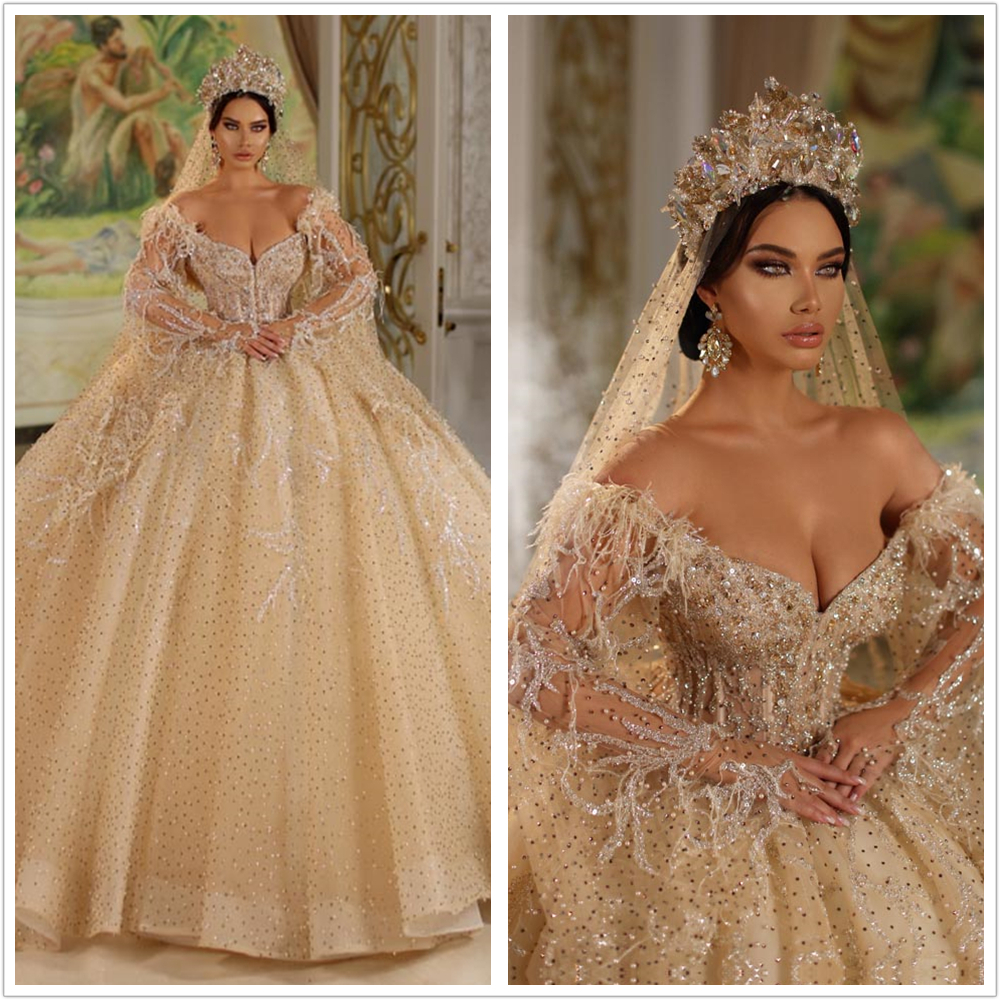 

Sexiest luxury dubai Ball Gown crystals Wedding Dress off the shoulder Trumpet sleeves Bridal Gown Court train high quality, White