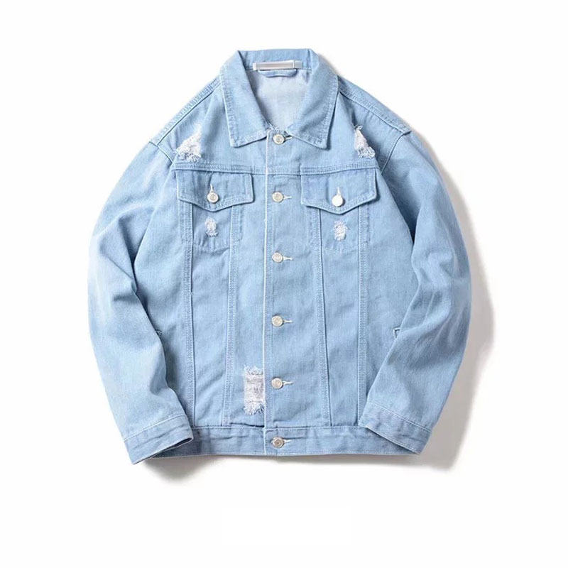 

Korean Spring Men' Denim Jacket Hole Handsome Couple Jacket Japanese Loose Student Denim 2020, Blue