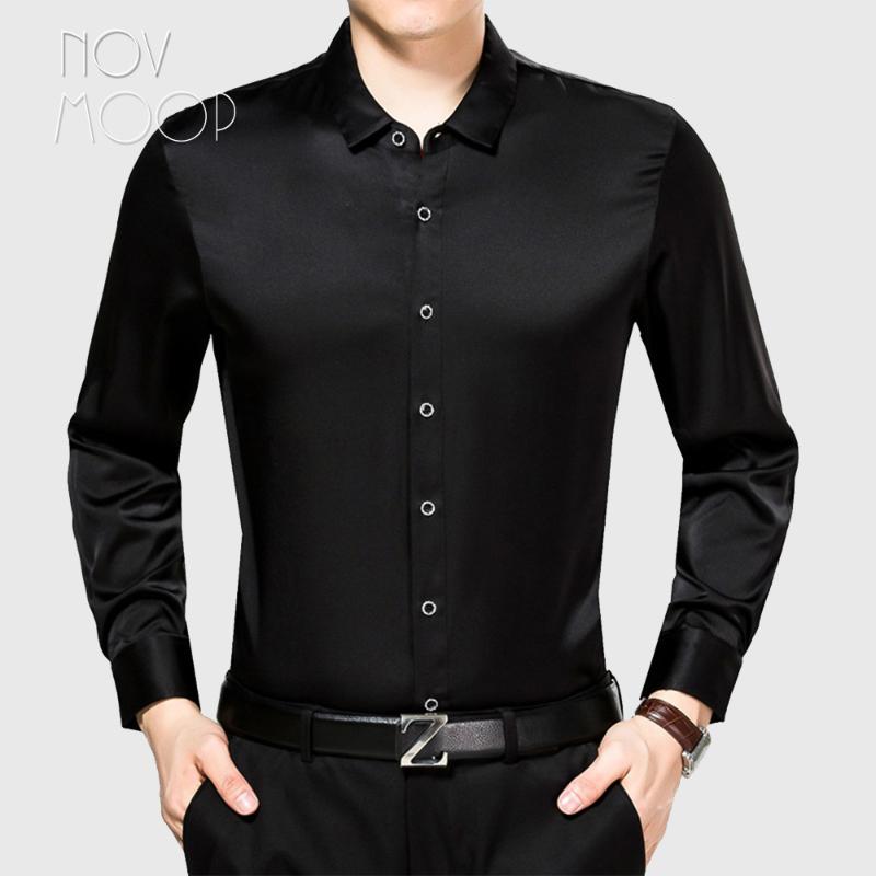 

Novmoop casual style men summer blue black red full sleeve single breasted 100% silk shirt camisas chemise homme LT3054