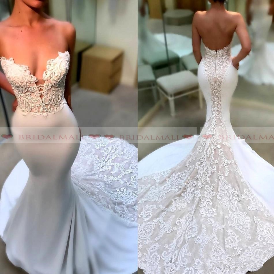 

2019 New Sexy Summer Mermaid Wedding Dresses Sweetheart Lace Appliques Spandex Backless Bridal Gowns Court Train Custom Wedding Bride Dress, Red