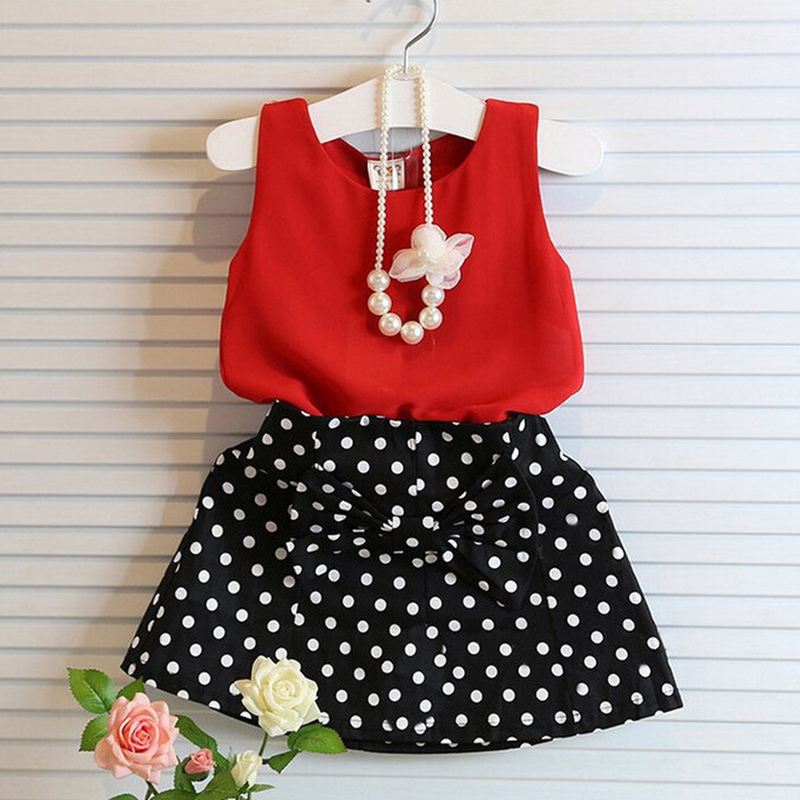 

Children Girls Clothing Red Chiffon Vest Dot Black Skirt Kids Suits for 2 3 4 5 6 Year Girl Summer Casual Toddler Child Costume