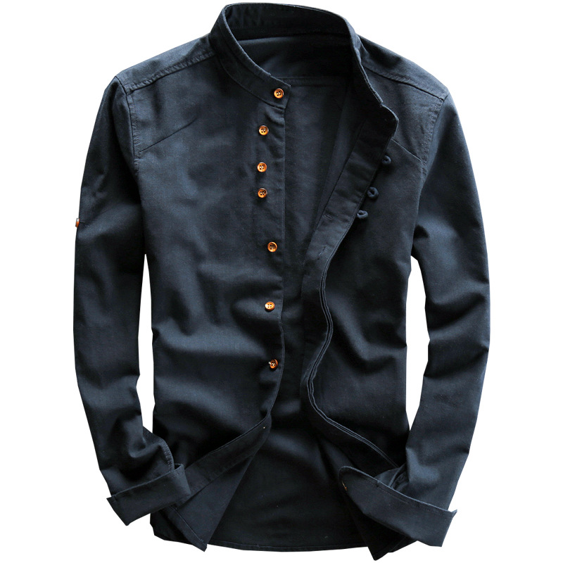 

Men's Casual Shirts 2021 Linen Shirt Retro Style Collar Slim Cotton Long Sleeve Fashion, Blue