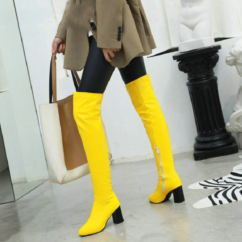 

colorful green yellow red white orange patent pu glossy woman boots block high heels stretch over the knee high boots, Black