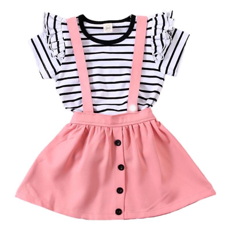 

Toddler Kids Baby Girl Summer Clothes Striped Tops T-Shirt + Bib Skirt Outfits, As pic