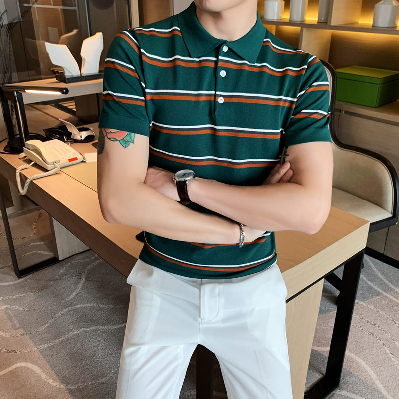 

British Style Mens Official Shirts Green Striped Printed Shirts Mens Gentlemen 2020 Fashion Dress Yellow Summer Knitting