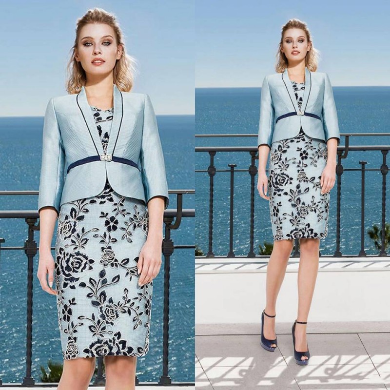 

Elegant Sea Blue Mother Of The Bride Dresses With Jacket Lace Appliqued Sash Wedding Guest Dress Knee Length Formal Mother Outfit Prom Wear