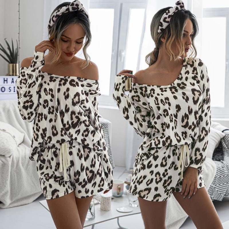 

2PCS Women Sports Suit leopard print Shorts Pants Outfit Workout Clothes Tracksuit Summer Drawstring Off Shoulder Sets#g3, Brown