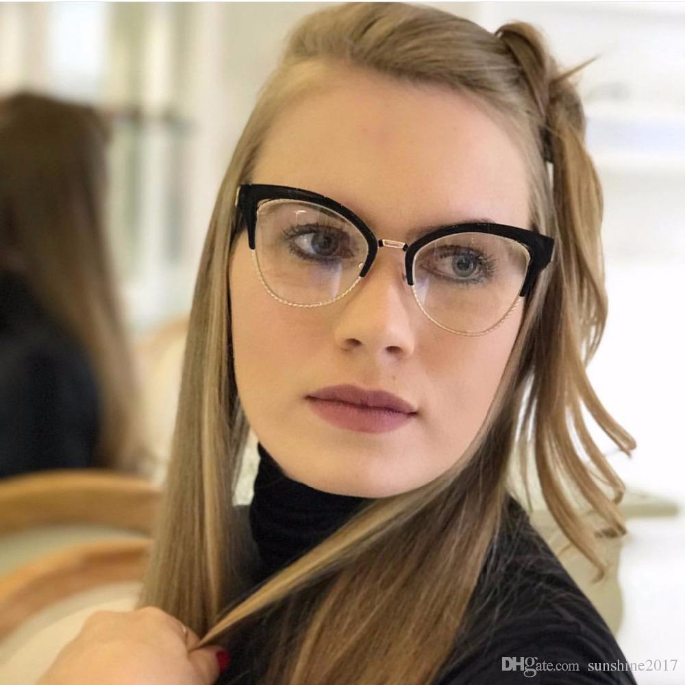 

2021 Hipster Cat Eye Clear Lens Half Frame Glasses designer luxury women transparent women's glasses black spectacles frames UV400, Silver