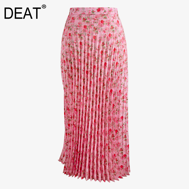 

DEAT 2020 new spring and summer fashion women clothing high waist pleated flower printed straight halfbody skirt WM25303L, Pink custom