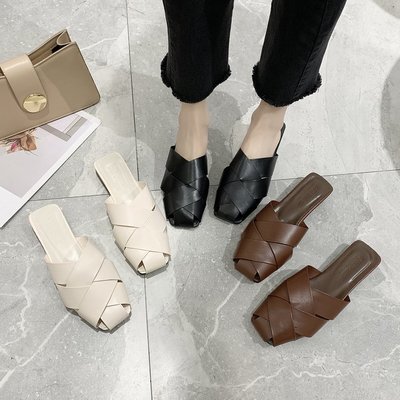 

Slippers women 2020 summer low-heeled solid color woven Korean fashion outerwear, Beige