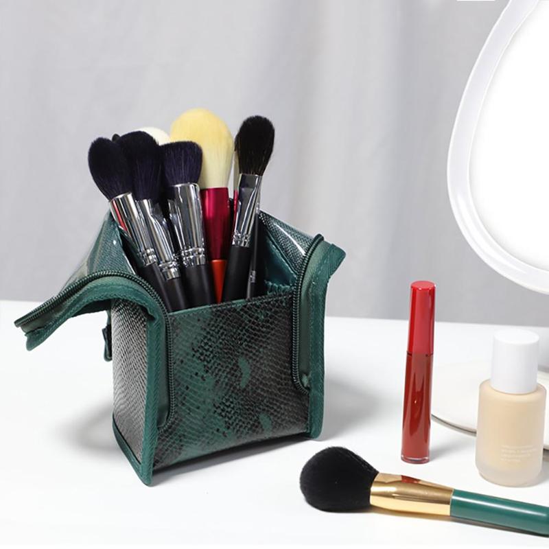 

Travel Brush Cosmetic Bag Makeup Bag Green PU Hand-held Portable Storage Makeup Brush Cup Holder Organizer high quality