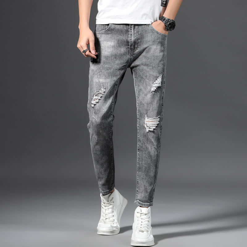 

Denim Jeans Men 2020 Pantalones Pants High Quality Hole Design Small Feet Men's Trousers Skinny Jeans New Elastic Slim, Gray