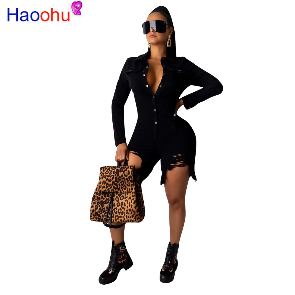 

Sexy Washed Denim Long Sleeve Bodysuit Women Turn Down Collar Button Up Bandage Playsuit Autumn Pockets Bodycon Short Jumpsuit, Black