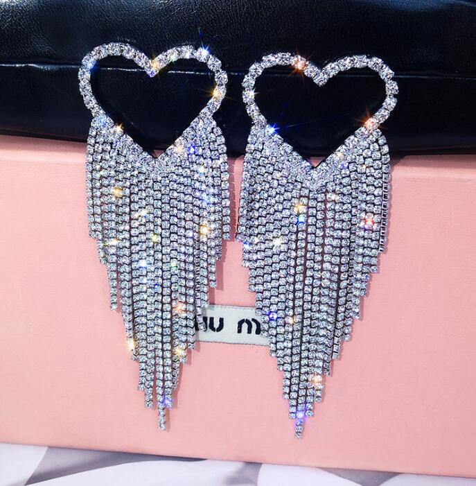 

Fashion Designer Tassel Earrings with Shining Crystal Sweet Heart Long Dangle Earrings S925 Needle CZ Diamond Earring Jewelry, Golden;silver