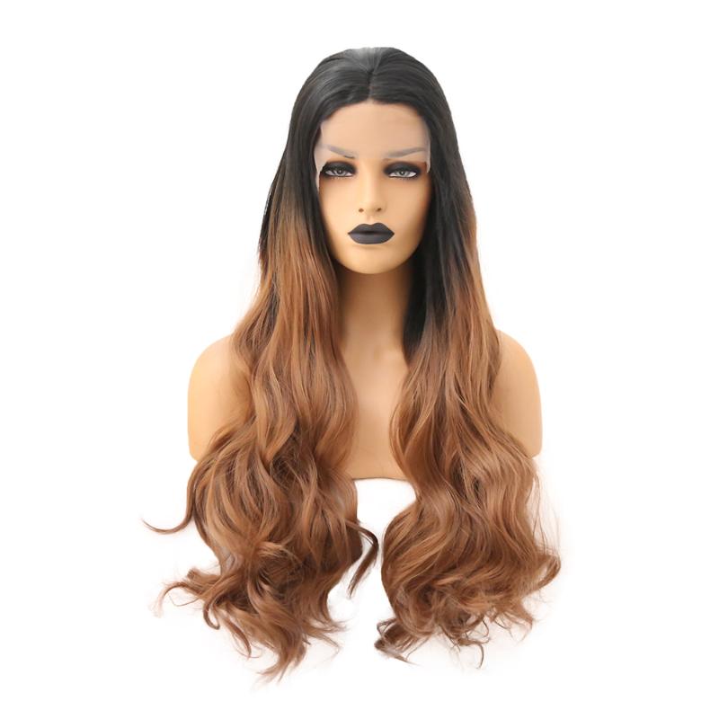 

AIMEYA Long Ombre Brown Loose Wave Black Root Synthetic Wigs Black and White Women Lace Front Wig High Temperature Fiber Hair, As pic