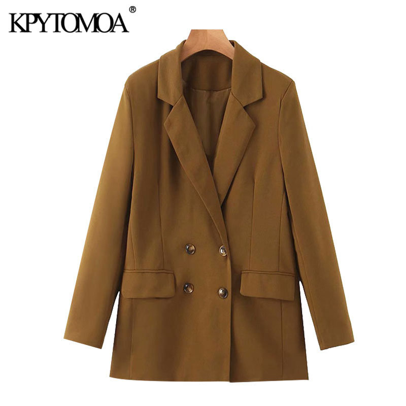 

KPYTOMOA Women 2020 Fashion Office Wear Double Breasted Blazers Coat Vintage Long Sleeve Pockets Female Outerwear Chic Tops, As picture